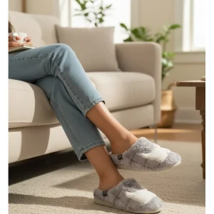 Zapatilla de mujer de algodon descalza con perrito con collar de brillos
